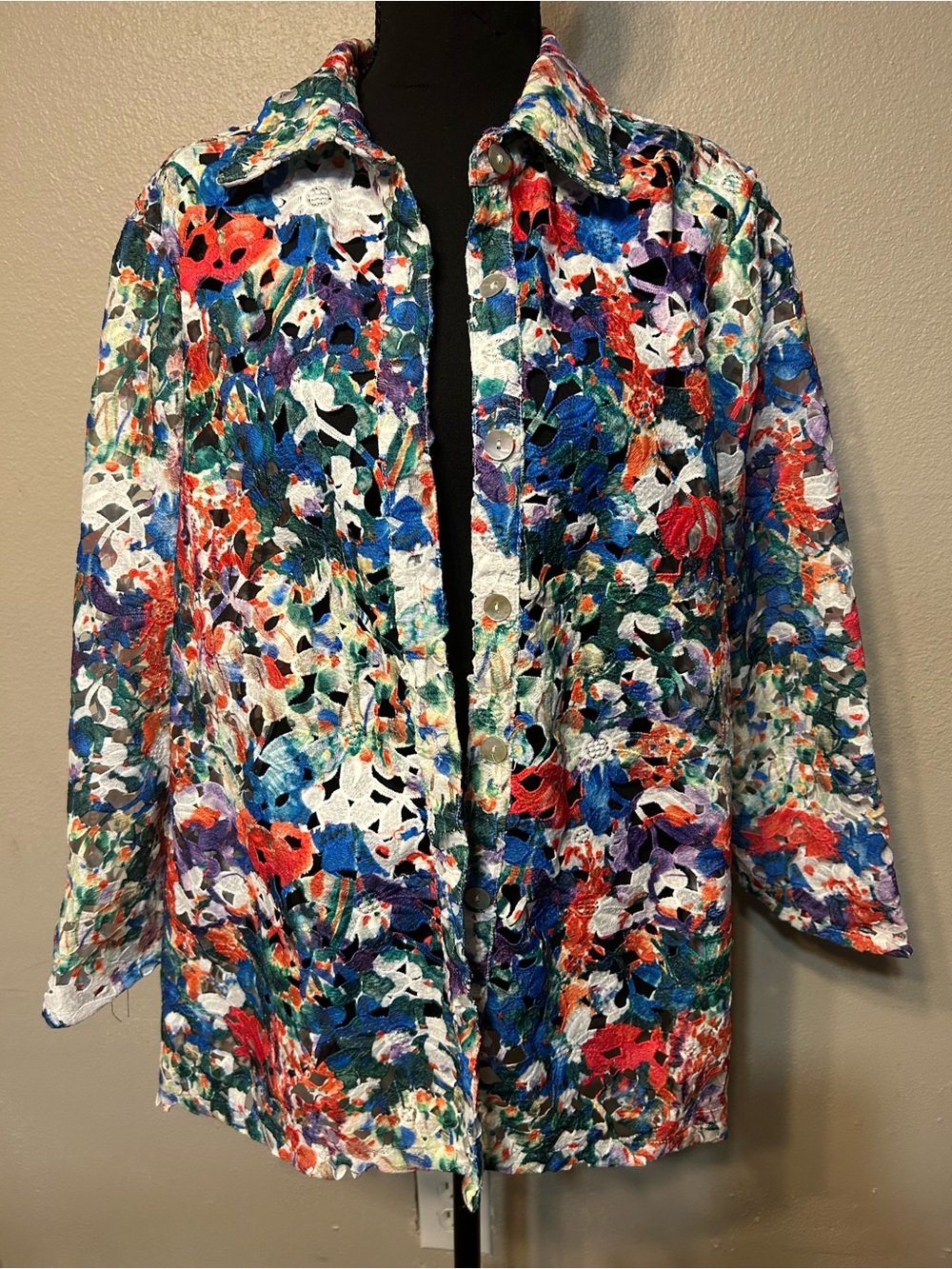 WEAVZ Multicolor Floral Lace Button Front Shirt Jacket Tunic Size M